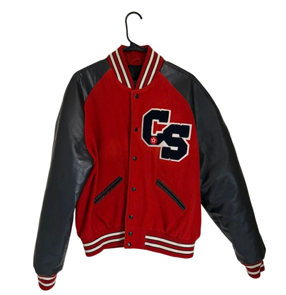 Powers Varsity Jacket Red Black Wool Faux Leather Snap Up Size L